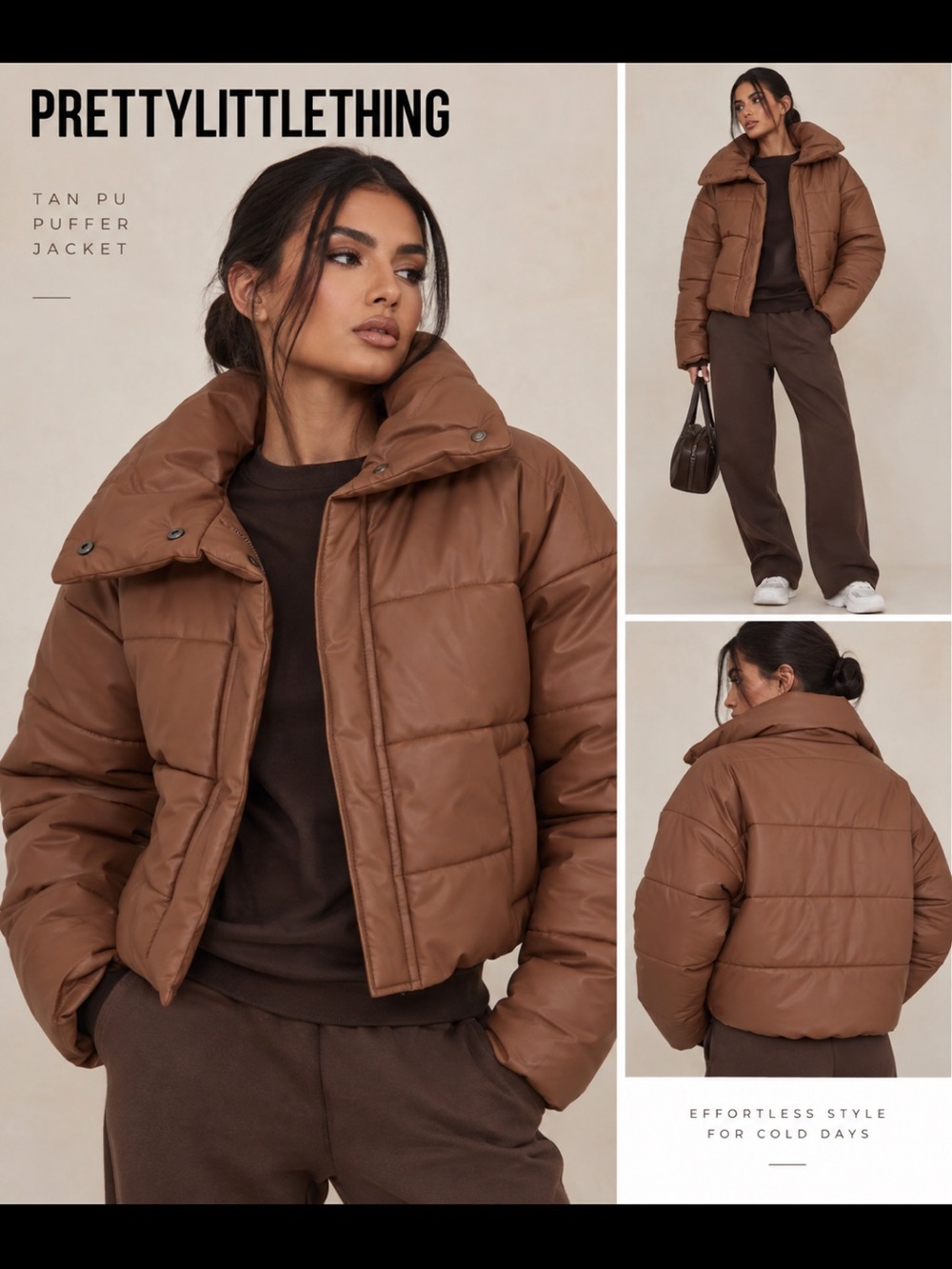 PrettyLittleThing Brown Tan PU Puffer Jacket